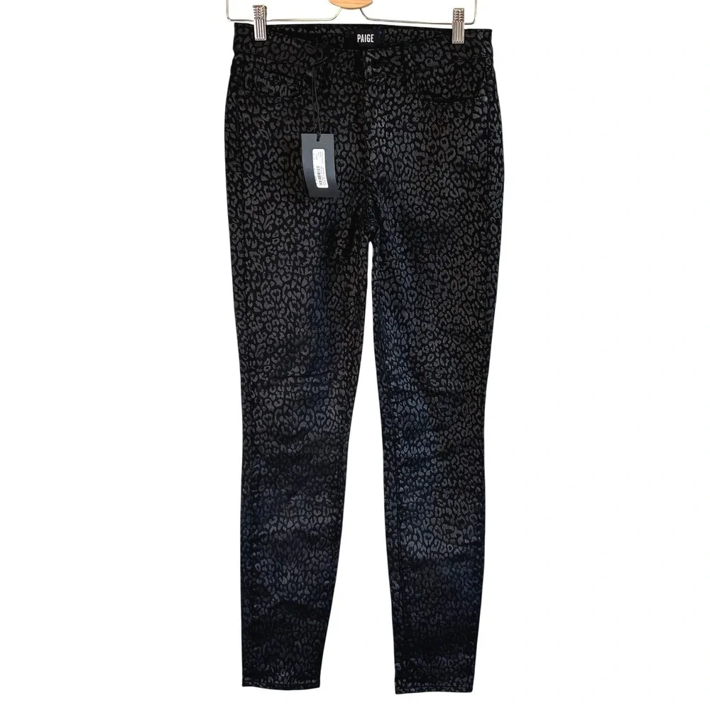 NEW PAIGE Hoxton Ultra Skinny Metallic Leopard Noir Jeans Womens 28 High Rise
